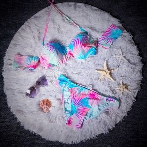 Xhilaration Pink and Aqua Off Shoulder Matching Bikini Set